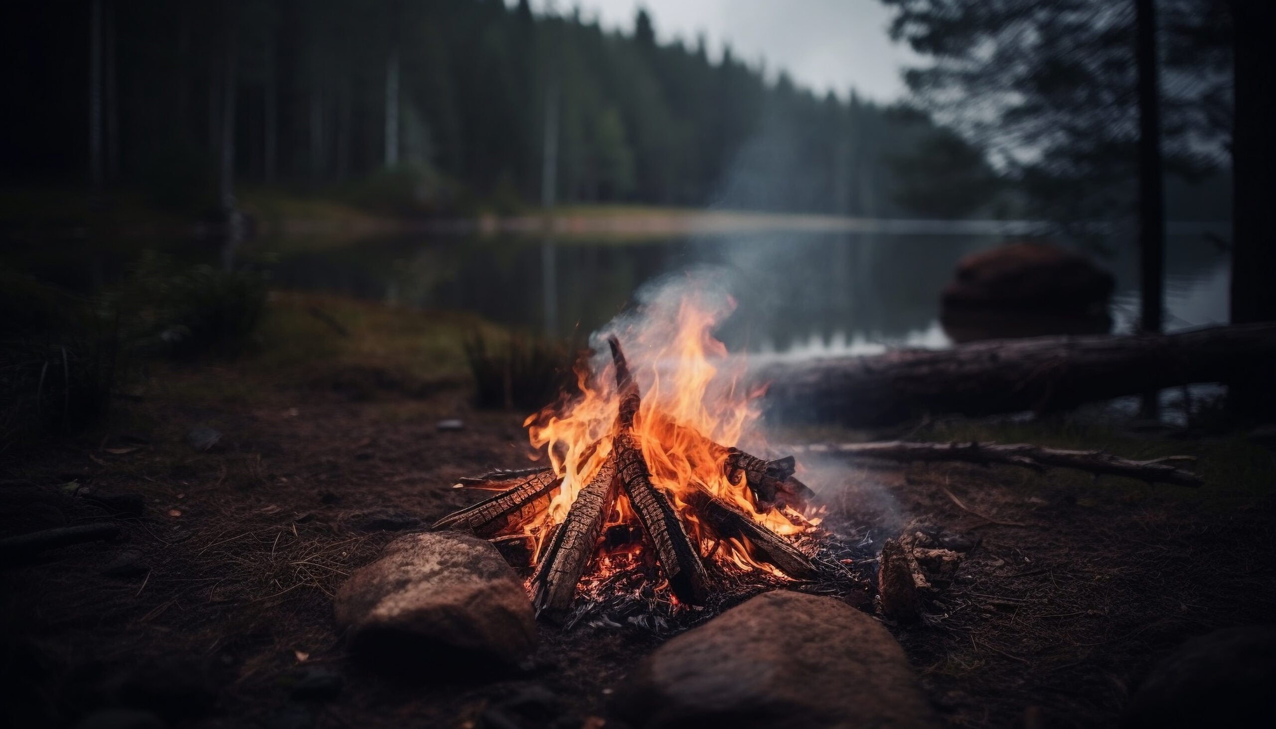 Tranquil glowing campfire setting in dark private woods at Cutty's Resort
